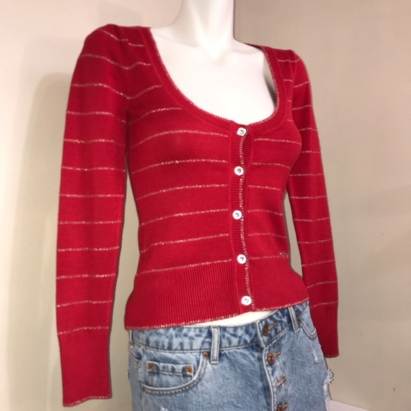 BEBE Metallic Ruby Red Crystal Button DownCardigan - Picture 4 of 16